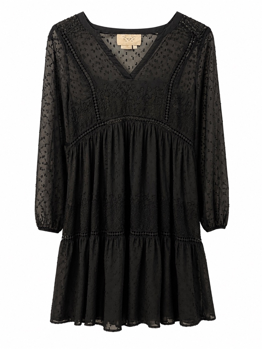 Moving Sale Black Boho Swiss Dot Lace Long Sleeve Mini Dress – Women's Size S/M